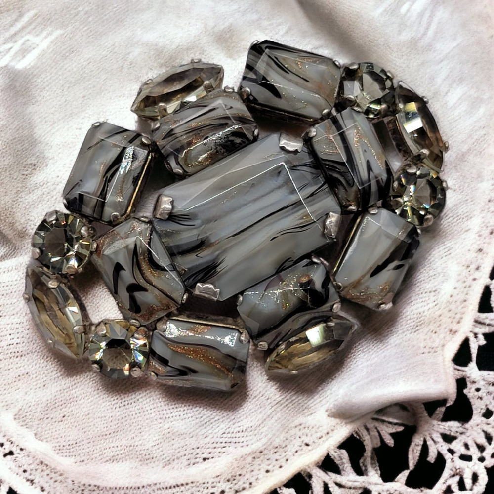 Vintage ~ Unique ARMANI ~ Brushed Silver Brooch~ Faceted Marbled Glass (Murano?)